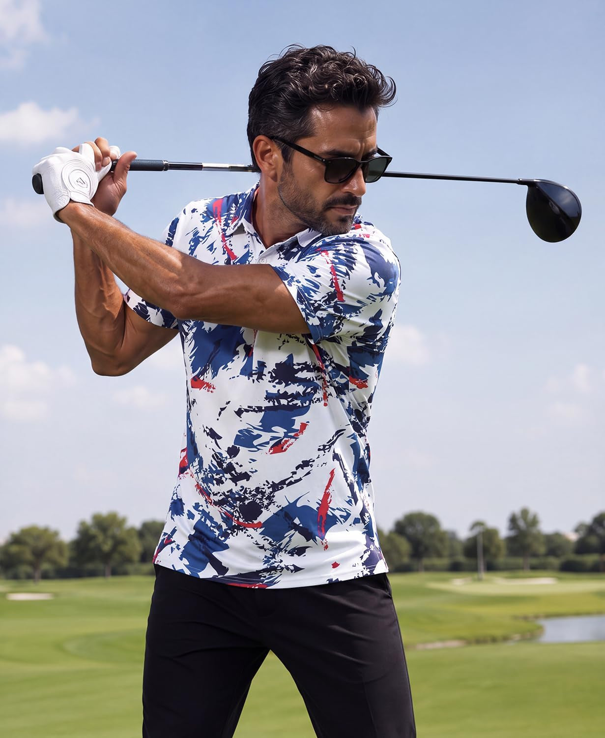 Mens Golf Shirts Dry Fit Short Sleeve Print Casual Athletic Polo Shirt