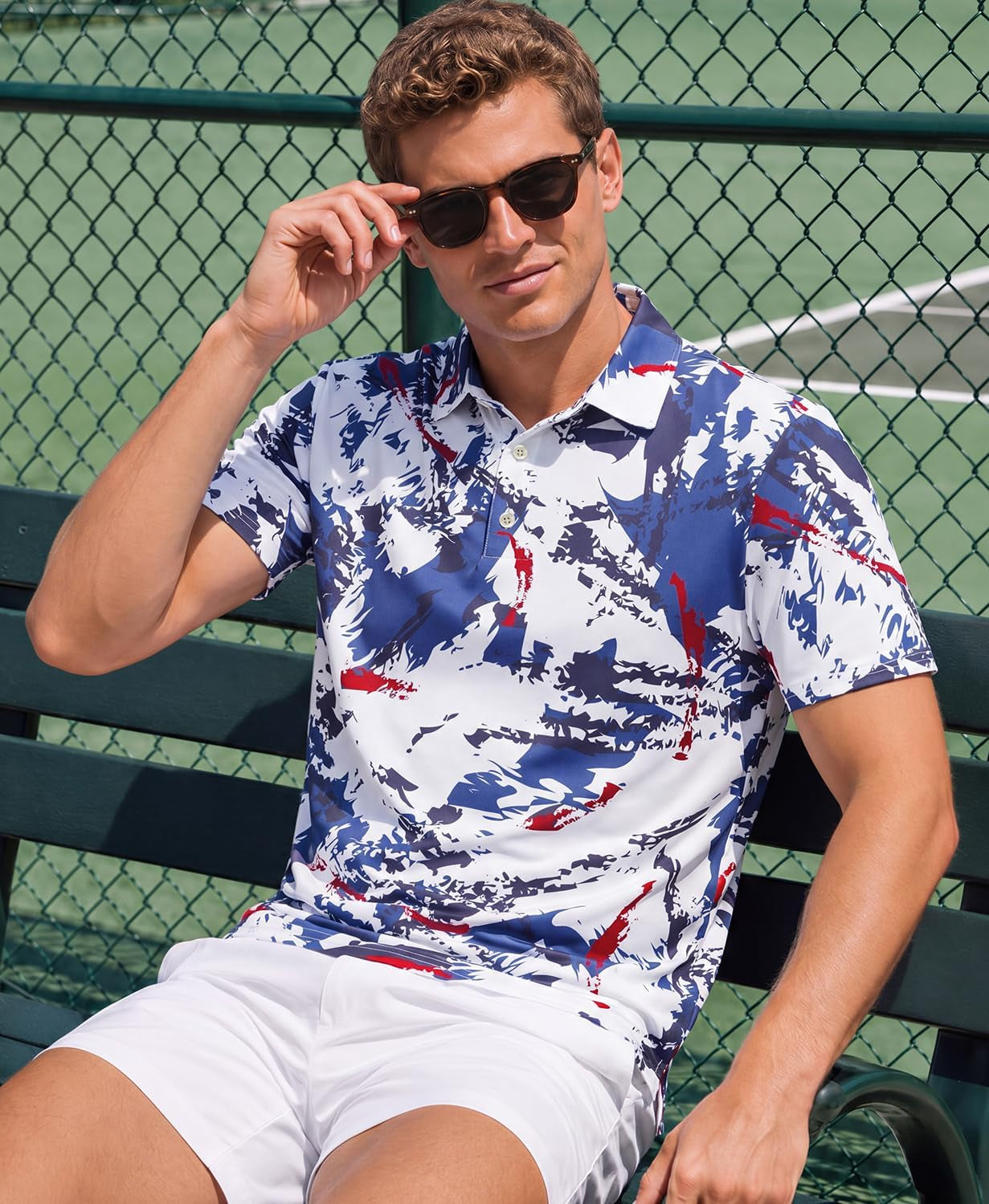 Mens Golf Shirts Dry Fit Short Sleeve Print Casual Athletic Polo Shirt