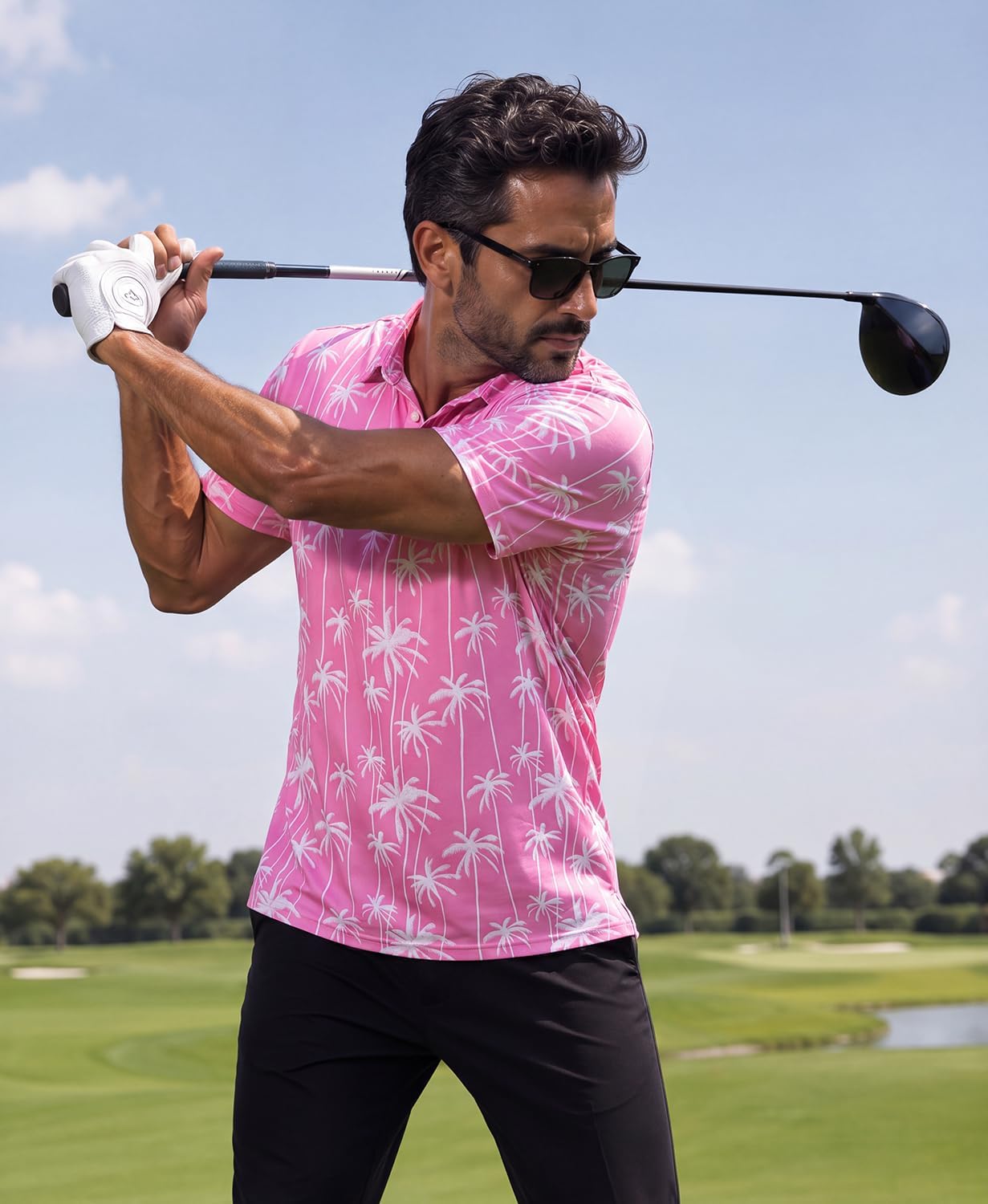 Mens Golf Shirts Dry Fit Short Sleeve Print Casual Athletic Polo Shirt